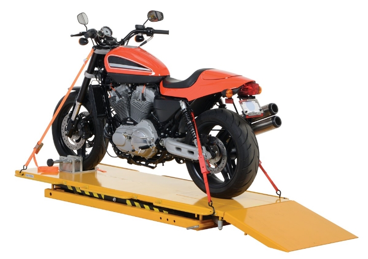 Manual hydraulic motorcycle lift 108 x 35 inch platform 1100 lb capacity yellow