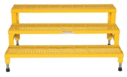Our Adjustable Step-Mate Stands can be used as either a comfortable worker platform or a semipermanent step. Individual step size is 11-3/4" deep, aluminum construction 11-7/8" deep. Grip strut surface ensures safe footing. Legs adjust individually by scre
