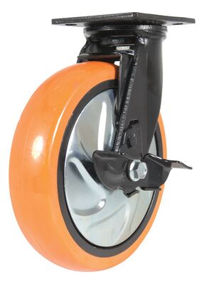 Polyurethane swivel caster with brake 8 inch 2 inch 925 lb capacity zinc plated