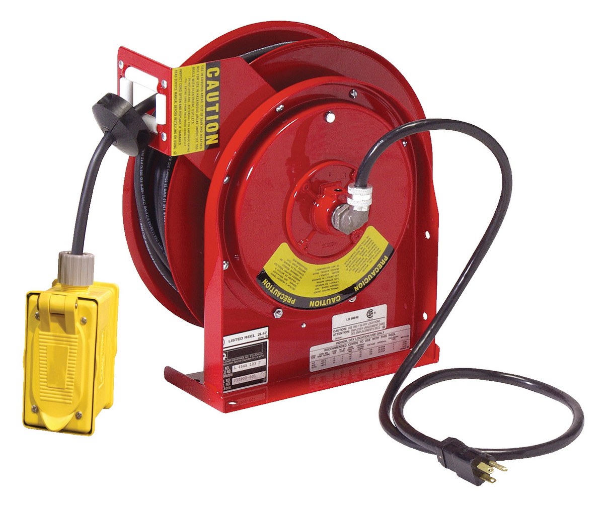 Steel electric cord reel with double receptacle spring retractable for shop use