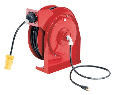 Steel electric cord reel with single receptacle spring retractable for shop use