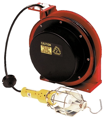 Steel electric cord reel with built-in work lamp and receptacle for shop lighting